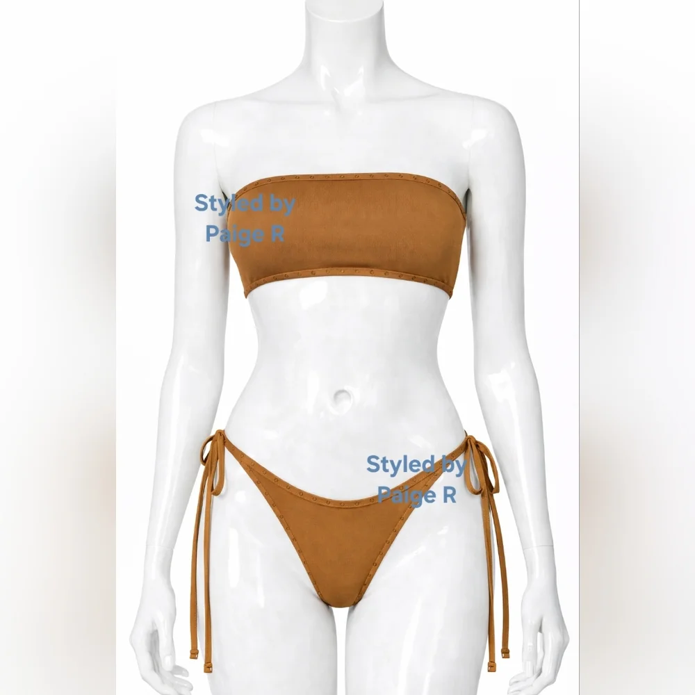 ❤️NWT SKIMS 2 Piece Rhinestone Swim Bandeau Top tie String Bikini Nude ALMOND 3X